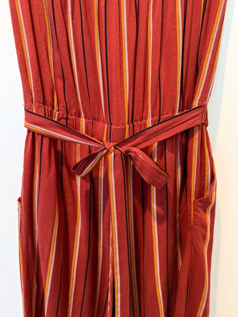 Women’s Rust colored Striped Strapless Wide-Leg Jumpsuit - Picture 5 of 10